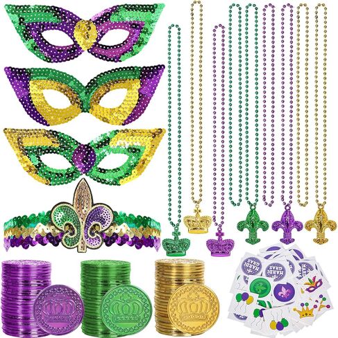 Whaline 157Pcs Mardi Gras Party Decoration Accessories Purple Green Gold Coin Bead Necklace Temporary Tattoo Stickers Headband Masks for Dress Up Parade Gatsby Theme Party Costume Supplies in Saudi Arabia