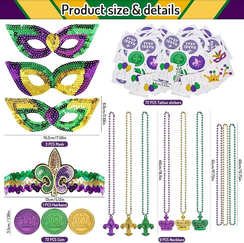 Whaline 157Pcs Mardi Gras Party Decoration Accessories Purple Green Gold Coin Bead Necklace Temporary Tattoo Stickers Headband Masks for Dress Up Parade Gatsby Theme Party Costume Supplies in Saudi Arabia