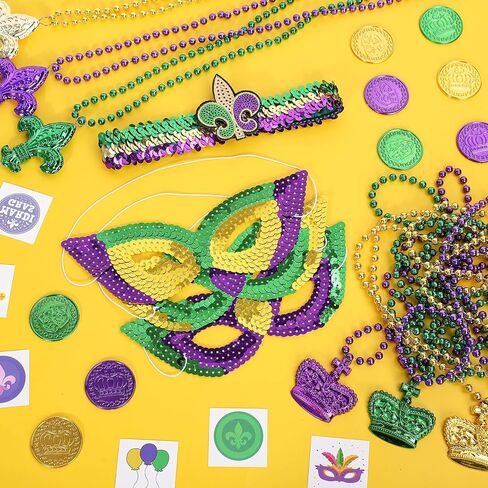 Whaline 157Pcs Mardi Gras Party Decoration Accessories Purple Green Gold Coin Bead Necklace Temporary Tattoo Stickers Headband Masks for Dress Up Parade Gatsby Theme Party Costume Supplies in Saudi Arabia
