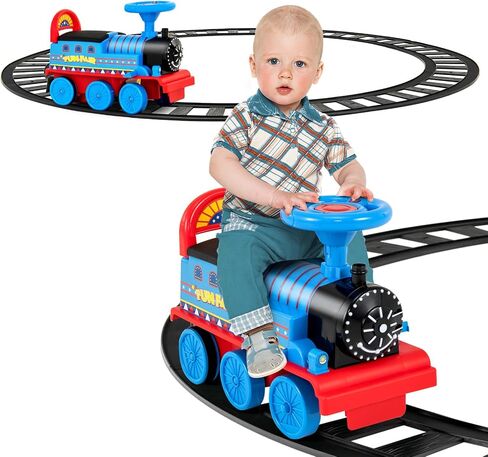 GLACER Ride On Train with 16 Pieces Tracks for Kids, Electric Ride On Toy with Lights & Sounds, Storage Box Under Seat and Retractable Foot Pedals, Gift for Toddler, Boys and Girls 3+ Years (Blue) in Kuwait
