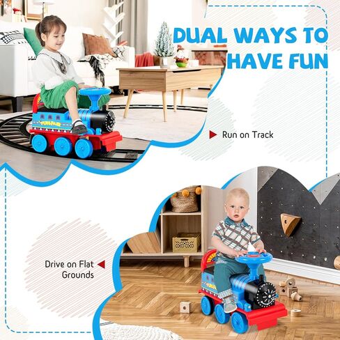 GLACER Ride On Train with 16 Pieces Tracks for Kids, Electric Ride On Toy with Lights & Sounds, Storage Box Under Seat and Retractable Foot Pedals, Gift for Toddler, Boys and Girls 3+ Years (Blue) in Kuwait