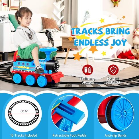 GLACER Ride On Train with 16 Pieces Tracks for Kids, Electric Ride On Toy with Lights & Sounds, Storage Box Under Seat and Retractable Foot Pedals, Gift for Toddler, Boys and Girls 3+ Years (Blue) in Kuwait