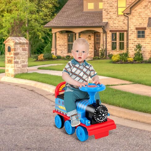 GLACER Ride On Train with 16 Pieces Tracks for Kids, Electric Ride On Toy with Lights & Sounds, Storage Box Under Seat and Retractable Foot Pedals, Gift for Toddler, Boys and Girls 3+ Years (Blue) in Kuwait