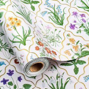 Retrify Colorful Flowers Wrapping Paper, 17 Inches x 32.8 Feet Foil Metallic Gold Gift Wrap Paper Roll, Elegant Floral Blossom Packing Paper for Wedding, Birthday, Shower, Mother's Day, Celebration