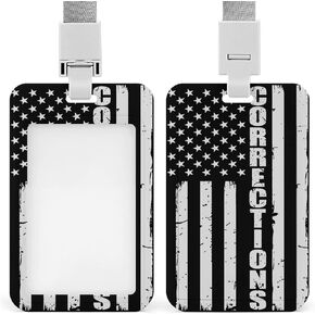 Thin Silver Line Flag Corrections Officer Supporter Funny Vertical ID Badge Holder with Lanyard Printed for Men Women Office