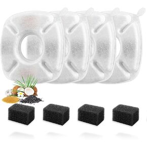 Cat Water Fountain Filters, 4 Pack Replacement Filters & 4 Pack Replacement Pre-Filter Sponges Set for 67oz, 95oz, 135oz Automatic Pet Fountain Dog Water Dispenser, White, TSD008