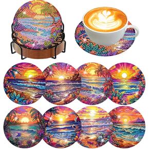 Meothan 8 Pcs Diamond Art Coasters kit with Holder Cork Pads, Diamond Dot Art Painting Coasters Kit for Adults (Sunset Beach)