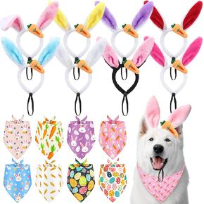 16 Pieces Easter Dog Costume Bunny Ears Headband Cute Bandana Funny Easter Puppy Toy Kit Dog Outfit Rabbit Eggs Scarf Bibs for Holiday Pet Puppy Party Accessory