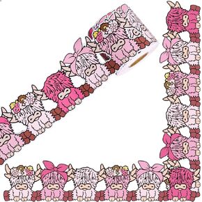 65.6Ft Pink Highland Cow Bulletin Board Borders Cute Pink Cartoon Cow Die Cut Trim Border Roll for Office Classroom Chalkboard Window Decor
