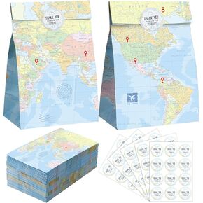 SATINIOR 60 Pcs World Map Travel Favor Bags with Stickers Goody Gift Treat Paper Bags for Travel Themed Birthday Party Holiday Baby Shower Classrooms Decor