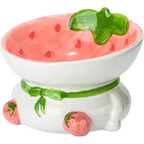 Raised Cat Bowls, Elevated Ceramic Cat food Bowl for Indoor Cats, Wide Shallow Cat Food Dish, Whisker Fatigue, Lead & Cadmium Free,Cute Fruit Themed Bowl for Flat Faced Cats and kitten（Strawberry)