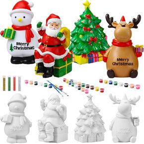 POEN 4 مجموعات 7 بوصة طلاء الكريسماس الطلاء مع إمدادات اللوحة ، Santa Snowman Tree Elk التماثيل غير مصممة عيد الميلاد الزخارف DIY للأطفال الفتيات عيد الميلاد الحزب (لطيف)