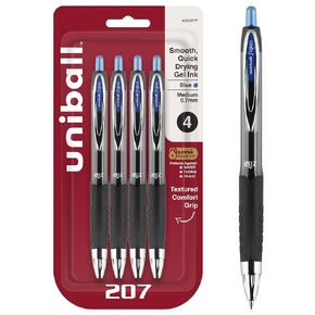 Blue Retractable Gel Pens 4 Pack with Medium Points, Uni-Ball 207 Signo Click Pens are Fraud Proof and the Best Office Pens, Nursing Pens, Business Pens, School Pens, and Bible Pens