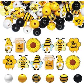 200 Pieces Bee Wood Beads Colorful Wooden Beads for Crafts Summer Decorative Beads Polished Beads Round Rustic Farmhouse Spacer Beads with Rope for DIY Garland Making Party Decor