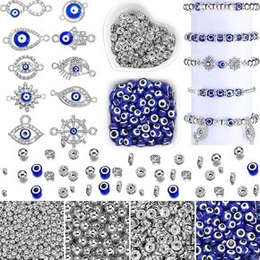 1450 Pcs Evil Eye Beads Set Rhinestone Kits Includes 200 Evil Eyes 20 Hand Charms 180 Rondelle Spacer Beads 800 4 mm and 250 8 mm Round for DIY Jewelry Making (Silver)