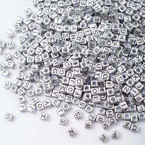 ToBeIT 1000pcs Black Alphabet Silver-Metallic-Color Cube Bead Retro Silver Square Letter Beads Vintage Silver Cube Alphabet Large Hole Beads Alphabet “A-Z"Cube Beads for Jewelry DIY
