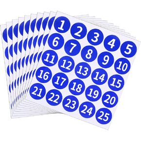 250PCS 1-25 Circle Numbered Vinyl Stickers Blue Consecutive Number Stickers Anti-Fading Waterproof 1.2 in Large Round Number Labels for Inventory Storage Organizing Toolbox Boxes Mailbox Numbering