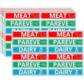 120 Pcs Kosher Labels Meat Dairy Parve Stickers 1.5 x 1/4 inch Blue Dairy Red Meat Green Pareve Stickers Freezable Microwavable Dishwasher Labels for Kosher Kitchen Use