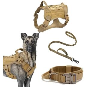 Tactical Dog Harness with Handle, Collar, and Leash Set, Dog Vest Harness, No Pull Dog Harness with Patches- Adjustable Buckles for-Dogs, Escape Proof Dog Harness (Khaki, Medium)