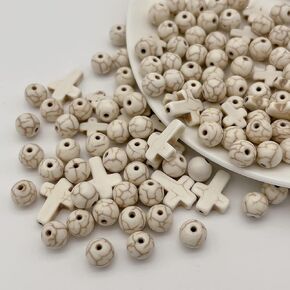 210pcs Cross Stone Beads Natural Stone Beads Magnesite Turquoise Cross Beads for Jewelry Craft Making (White)