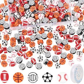 250 Pcs Sports Ball Beads for Jewelry Making, Sports Polymer Clay Beads Bulk with Box, 10mm Baseball Volleyball Basketball Soccer Football Beads Charms for DIY Crafts Bracelet