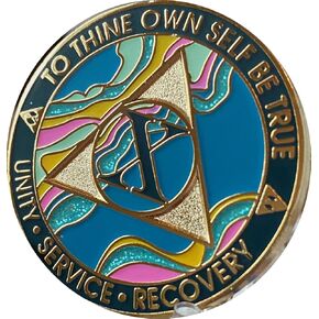 10 Year AA Medallion Elegant Marble Tahiti Teal Blue and Pink Gold Plated Chip