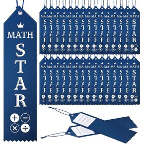 Math Award Ribbons Math Star Ribbons Student Prizes Student Awards with Event Card and Rope for Kids Competition School Contests Classroom Teacher Supplies, Navy Blue with White Print (50 Pcs)