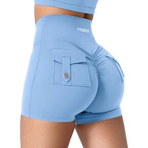 YEOREO Scrunch Workout Shorts with Pockets Charm Gym Biker Shorts for Women High Waisted Yoga Booty Shorts Light Blue M
