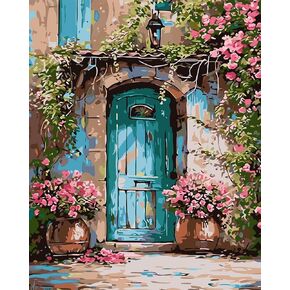 CHWGLFGG Paint by Numbers Kit for Adults On Canvas,DIY Easy Adult Paint by Number Kits Entrance Door with Flower,Paint by Color Acrylic Paint Painting Home Wall Decor 16x20inch (Without Frame)