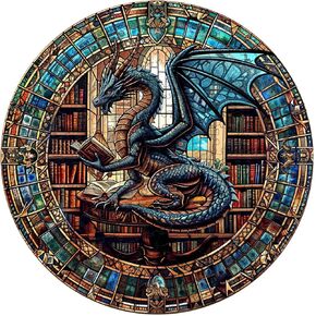 WOODBESTS Wooden Puzzles for Adults (300 Piece, L, 13.4"x13.4") Dragon's Library Wood Puzzles Adult, Wooden Jigsaw Puzzles Unique Shape, Birthday Gifts for Adults Family Game