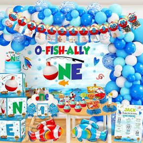 cocomigo 117Pcs Ofishally One Birthday Decorations, O Fishally One First Birthday Decorations Bobber Photo Banner Backdrop Cake Topper Centerpiece Balloons Arch for Gone Fishing Party Decorations