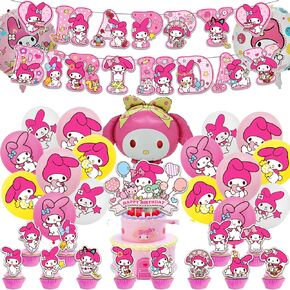 Melody Birthday Party Decorations, Kawaii Cartoon Party Supplies with Banner, Cupcake Cake Toppers and Foil Balloons Party Favors for Fans Birthday Background Decorations