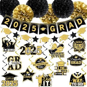 Blue and Gold Graduation Decorations 2025, 2025 Grad Banner and Congrats Grad Hanging Swirls, Blue Graduation Banner Graduations Hanging Swirls College Graduation Party Decorations Class of 2025