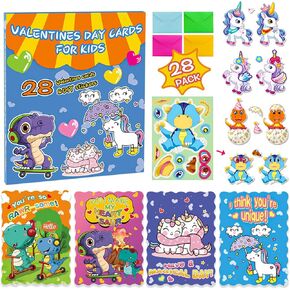 Valentines Day Cards for Kids Classroom - 28 Pack Dinosaur & Unicorn Valentines Gifts Exchange Cards with Envelopes & Make a Face Stickers, Valentines Day Gifts for Kids School Boys Girls Party Favor