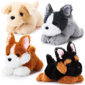 4 Pack 8 Inch Dog Plush Stuffed Animal Soft Fluffy Puppy Pillow Set Theme Party Favor Contains Corgi Schnauzer Golden Retriever German Shepherd Toy Gift (Classic Style)
