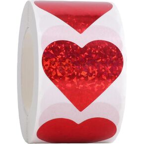 1.5" Red Heart Stickers with Glitter Holographic Gravel Pattern, 500 pcs Sparkling Adhesive Heart Sticker Labels per Roll, Love Stickers for Personal and Business Use