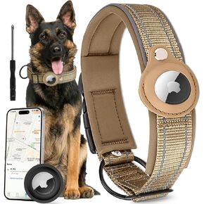Airtag Dog Collar, Reflective, Comfortable Padded & Adjustable, Airtag Dog Tracking Collar with Airtag Holder for Small, Medium, Large Dogs (Beige, L)