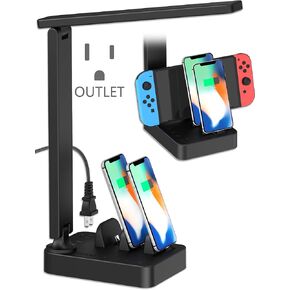 Drevet LED Desk Lamp with Charging Station, Desk Light with 3 USB C Chargers and 2 AC Power Outlets, 3 Lighting Mode, 3 Level Brightness,1H Timer, Touch Control, Eye-Caring Home Office Foldable Lamp