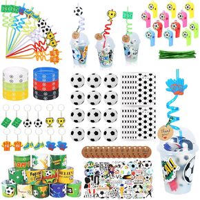 170 PCS Soccer Party Party Pack مع Cups Straws Ball Ball Wristbands Slaps Bracelets Cheychains Steflies Thanks Thank You Tags Goodie Abor