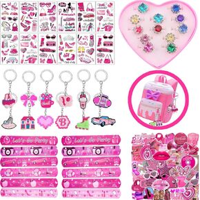 Pink Party Favors 98 Pc Princess Party 12 keychain, 12 Tattoo stickers, 12 bracelets, 12 Glass diamond ring, 50 stickers sheet for Girl Hot Pink Birthday Party Supplies