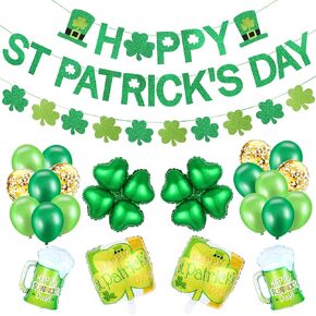 Green Happy St. Patricks Day Banner and St Patricks Shamrock Garland St Patricks Shamrock Foil Balloons Garland, Saint Patricks Day Banner Decorations for Happy St Patrick's Day Banner Decorations