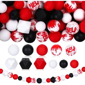 Whaline 100Pcs Halloween Silicone Beads with Elastic Rope Blood Splash Black Red White Round Hexagon Loose Rubber Beads for DIY Crafts Jewelry Keychain Making