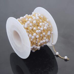 UMAOKANG 32.8 Feet 4mm Faux Pearl Beading Chains with Spool Brass Chain Link Bulk for DIY Bracelet Necklace Jewelry Making