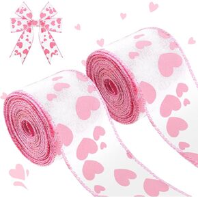 Dingion Valentine's Day Burlap Wired Ribbon 2 Rolls 12 Yards Heart Printed Love Edge Ribbon 2.5 in Patterned Hearts for Favor Wrapping Wreaths Craft Prensent Wrapping Decorative(6 Yards,Pink White)