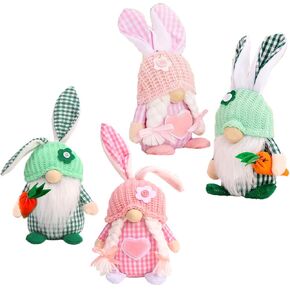 4 Pcs Easter Stuffed Plush Gnomes - Cute Handmade Spring Bunny Ears Gnomes Decorations for Home - Gift for Easter Decorations and Indoor Spring Decor - Green and Pink