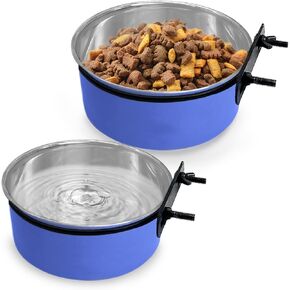 kathson Crate Dog Bowl, Removable Stainless Steel Hanging Pet Kennel Cage Bowl Food & Water Feeder Coop Cup for Puppy, Cat, Rabbit,Guinea Pigs,Ferrets Cats Small Medium Dogs 2pcs(Blue)