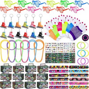 Winrayk 84Pcs 80s 90s Party Favors Birthday Supplies Shutter Glasses Gift Box Glove Necklace Hair Tie Glow Sticker Slap Bracelet Keychain Adult Teen Kid Retro Hip Hop 80s 90s Party Supplies Decoration