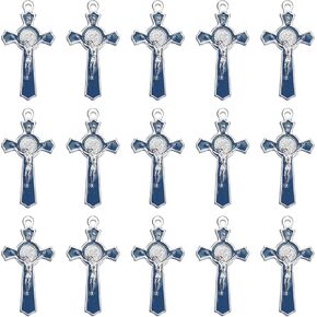 10Pcs Rosary Centre Saint Benedict Medal Crucifix Pendants Alloy Blue Enamel Big Jesus Cross Charms for DIY Necklace Bracelets Catholic Jewelry Making