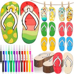 24 Pcs Unfinished Flip Flop Wood Cutouts Crafts Beach Slipper Shaped Hanging Ornaments with Hole Hemp Rope Wood Tag for Children Kids Bulk Items DIY Project Birthday Party Favor