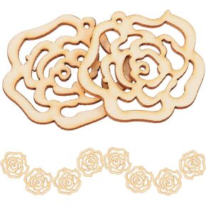Hollow Rose Flower Mini Wooden Slices DIY Crafts Cutouts Wooden Scrapbooking Flower Shaped Hanging Ornaments for Valentine's Day Wedding Party Aniversary Christmas Hanging Decoration 10pcs